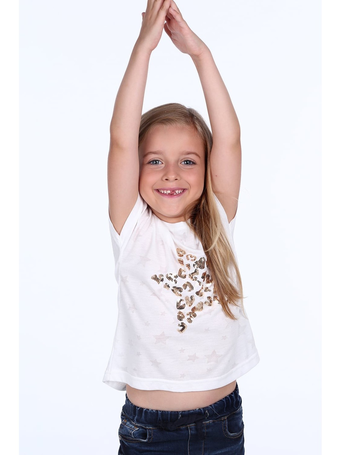 T-shirt with a sequined star, cream, NDZ8415 - Online store - Boutique